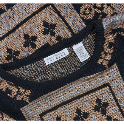 Vintage 90s black metallic baroque oversized pullover sweater. Label view.