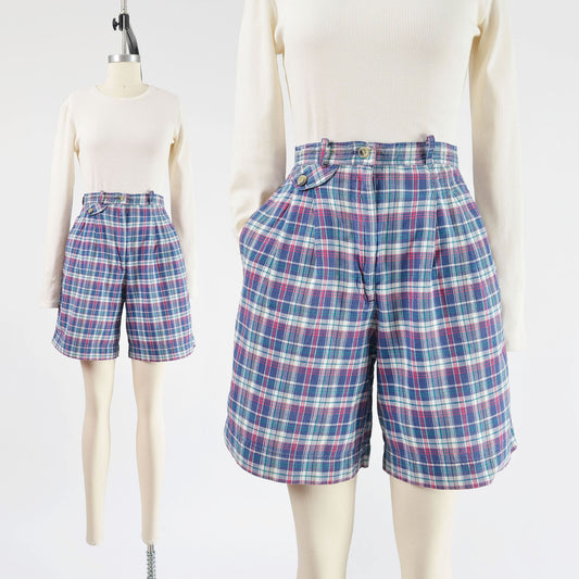 Vintage 1990s blue plaid cotton high waisted preppy shorts. 