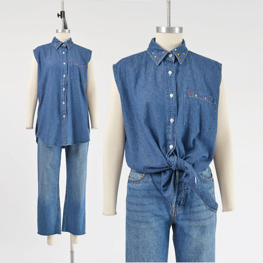 vintage 1990s denim cotton sleeveless collared shirt with rhinestones. 