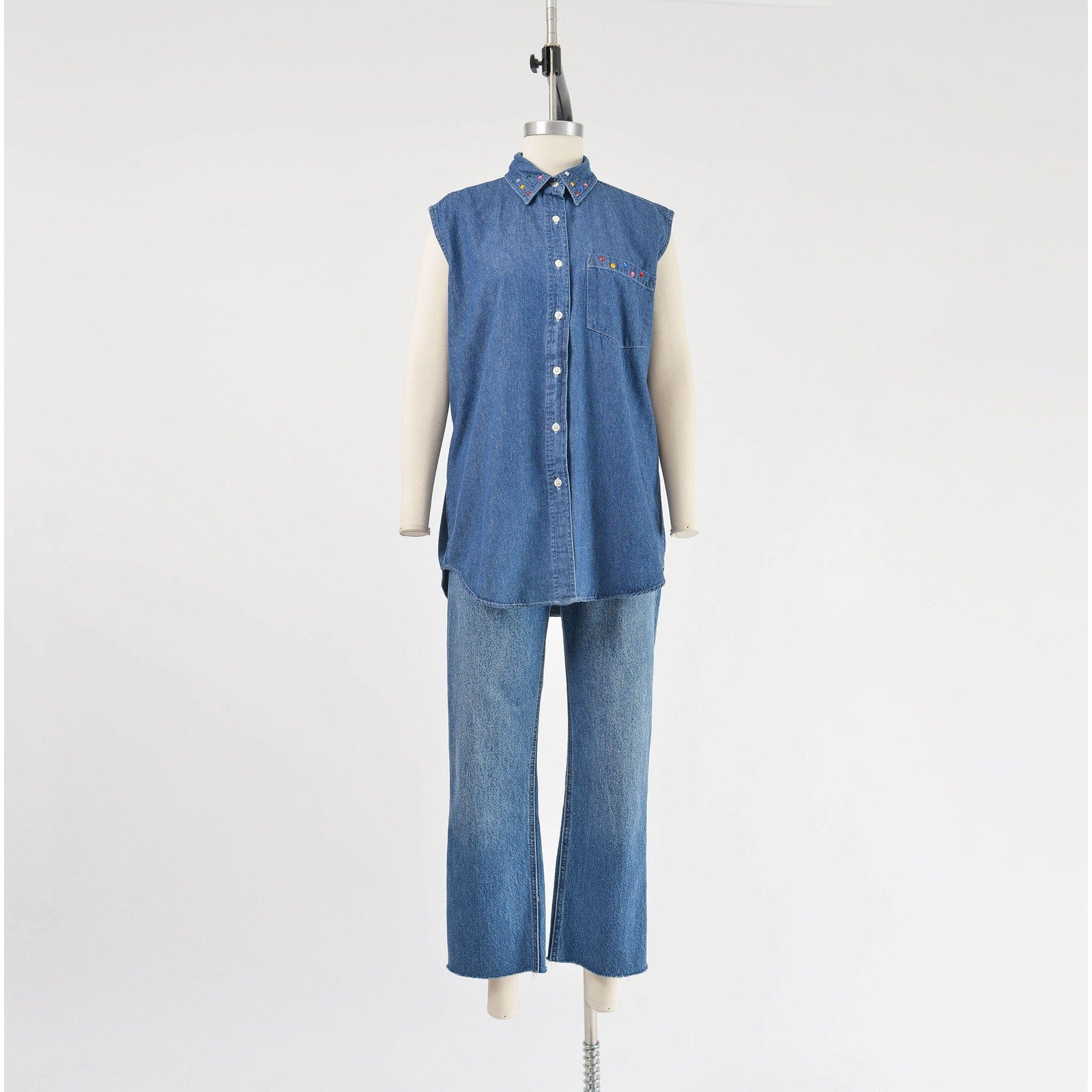 vintage 1990s denim cotton sleeveless collared shirt with rhinestones. 