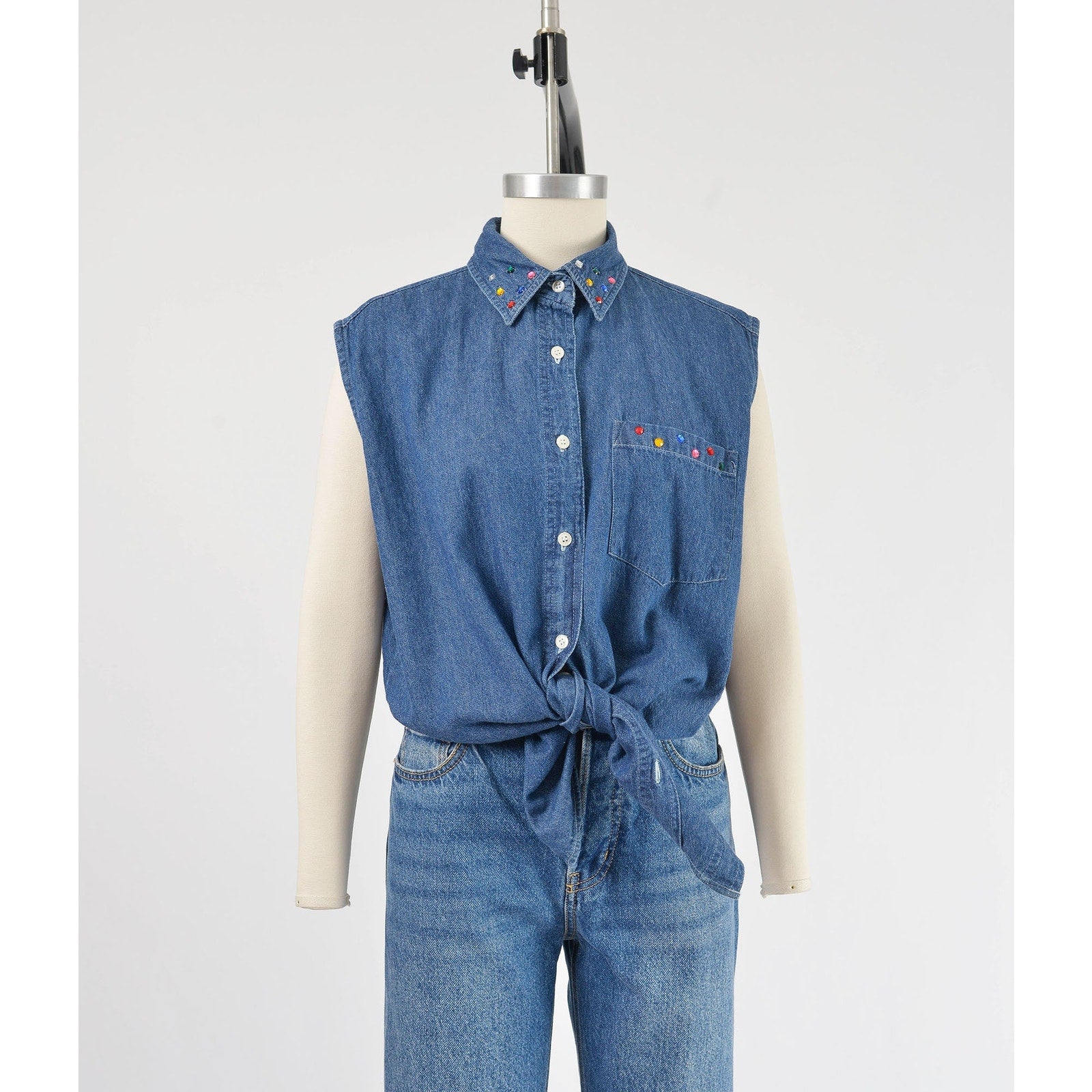 vintage 1990s denim cotton sleeveless collared shirt with rhinestones. 