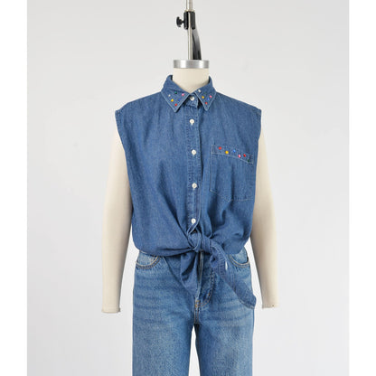 vintage 1990s denim cotton sleeveless collared shirt with rhinestones. 