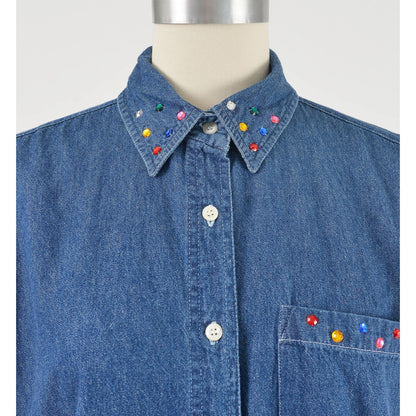 vintage 1990s denim cotton sleeveless collared shirt with rhinestones. Collar view.