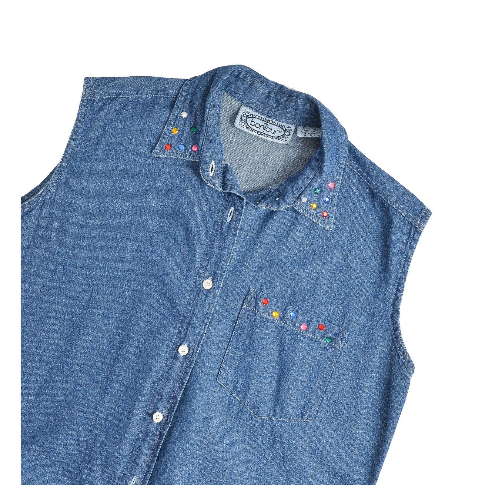 vintage 1990s denim cotton sleeveless collared shirt with rhinestones. Flat view.