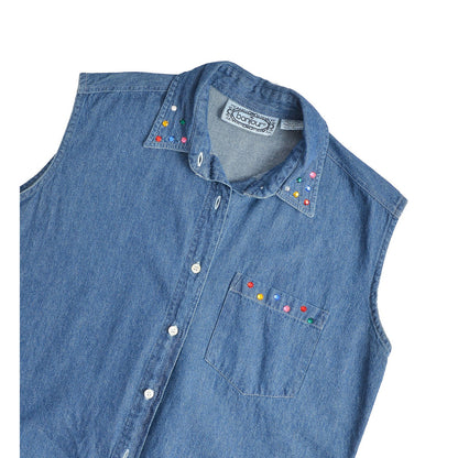 vintage 1990s denim cotton sleeveless collared shirt with rhinestones. Flat view.