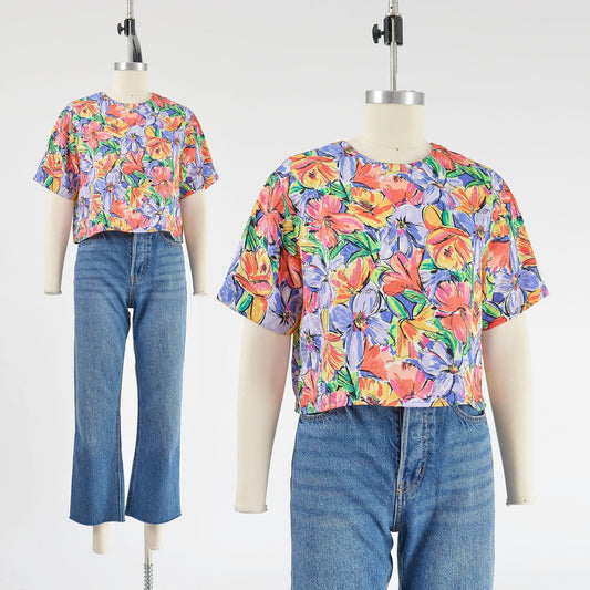 Vintage 90s Silky Colorful Floral Print Blouse Short Sleeve Cropped Top 