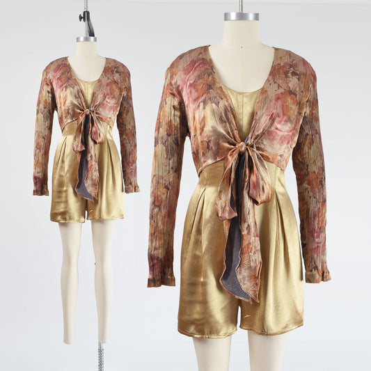 Vintage 1990s tan satin floral romper. Layered look with tie front crop top. 