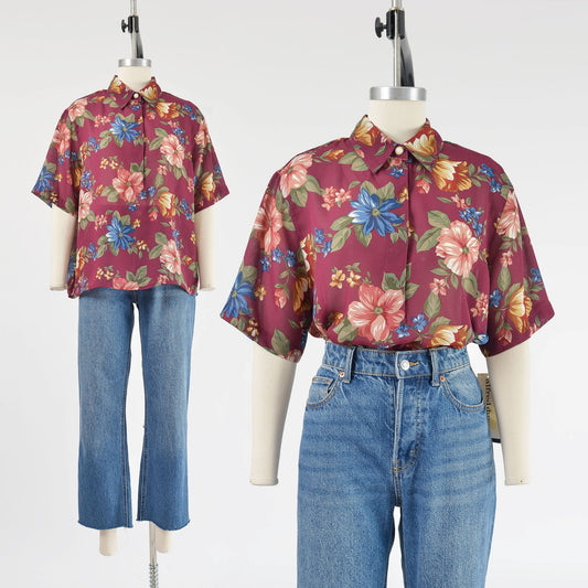 vintage 1990s burgundy floral sheer collared cottagecore top blouse. 
