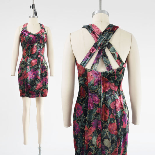 Vintage 90s floral velvet criss cross strap mini dress.