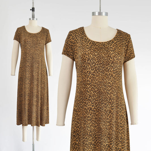 Vintage 1990s leopard animal print slinky knit midi dress. 