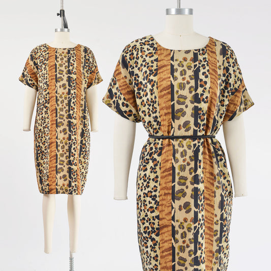 Vintage 1990s leopard animal print striped silk dress. 