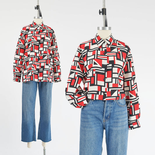 Vintage 90s Y2K geometric print collared button down blouse. 