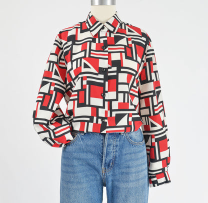 Vintage 90s Y2K geometric print collared button down blouse. 