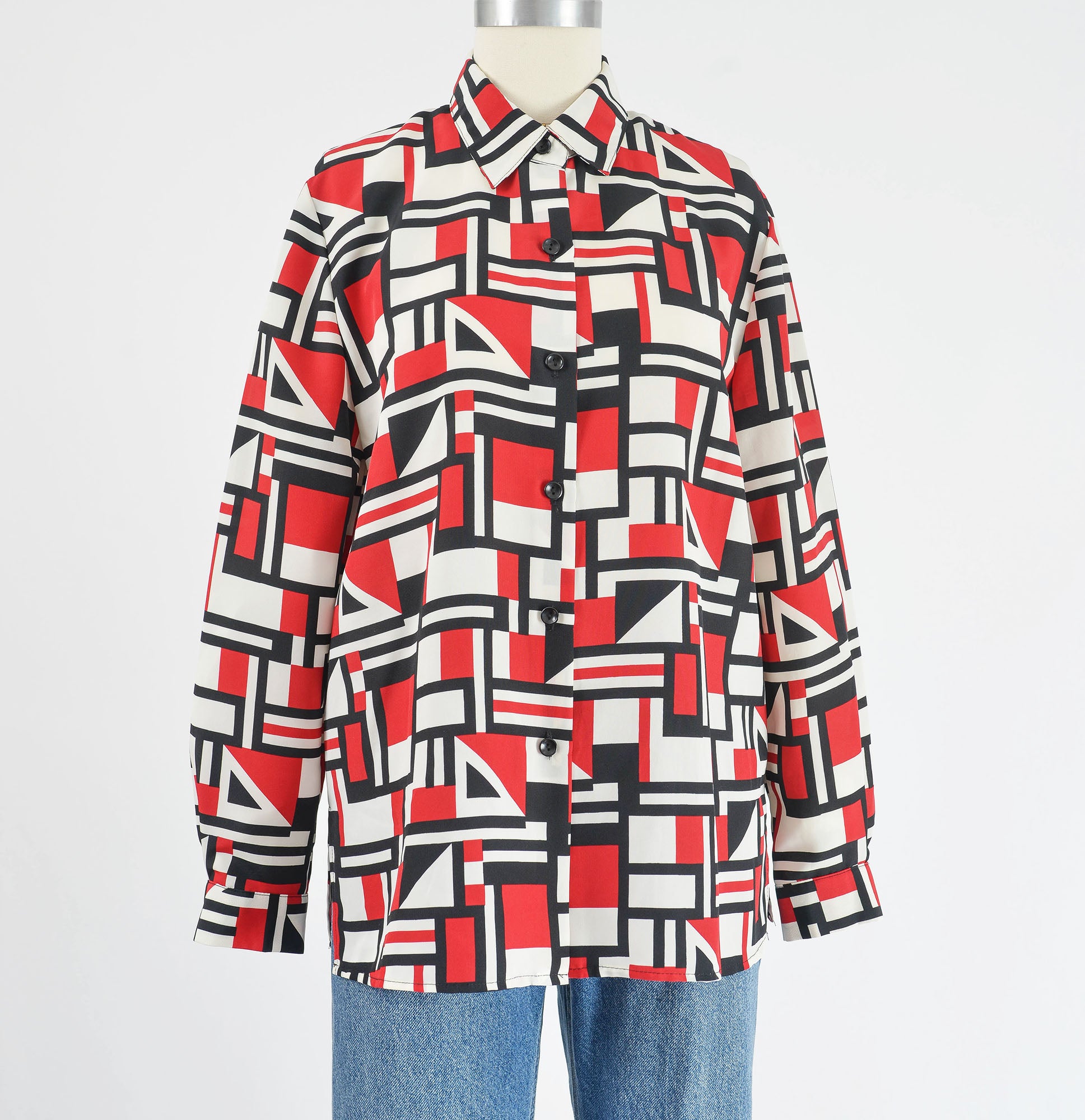 Vintage 90s Y2K geometric print collared button down blouse. 