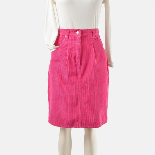 Front view of a 90s vintage pink corduroy pencil skirt. 