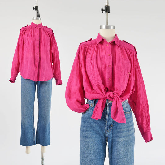 Vintage 1990s magenta pink cotton gauze blouse. 