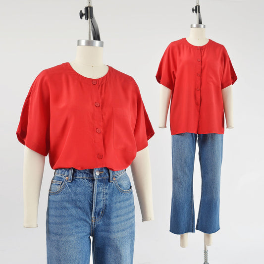 Vintage 1990s red silk short sleeve minimal classic blouse top. 