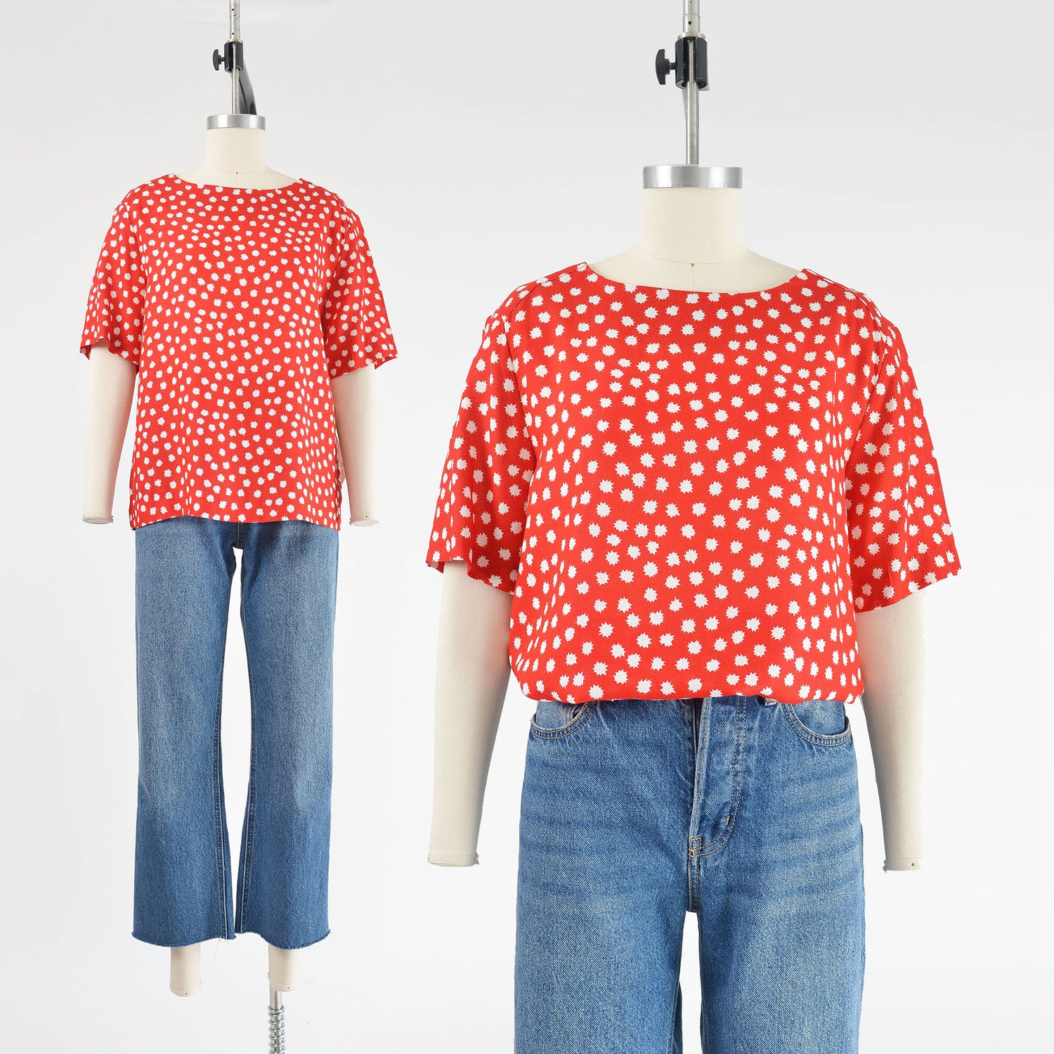 Vintage 80s Red and White Starburst Print Short Sleeve Blouse Top