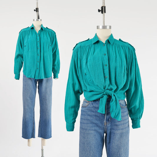 Vintage 90s Teal Cotton Gauze Blouse Collared Button Down Bohemian Shirt 