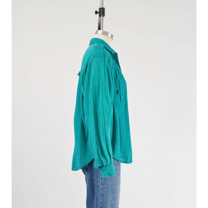 Vintage 90s Teal Cotton Gauze Blouse Collared Button Down Bohemian Shirt 