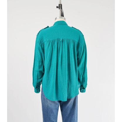 Vintage 90s Teal Cotton Gauze Blouse Collared Button Down Bohemian Shirt 