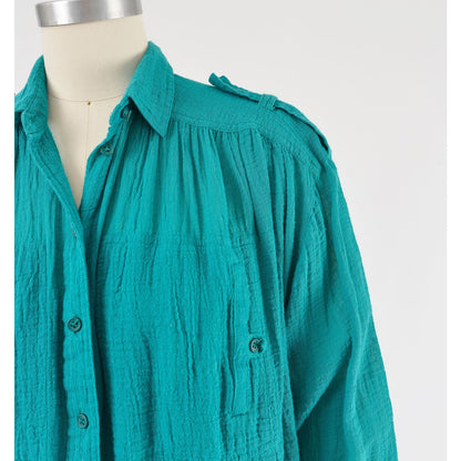 Vintage 90s Teal Cotton Gauze Blouse Collared Button Down Bohemian Shirt 