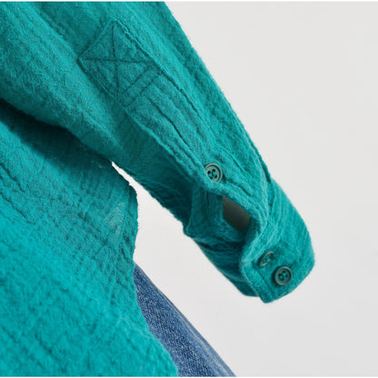 Vintage 90s Teal Cotton Gauze Blouse Collared Button Down Bohemian Shirt 