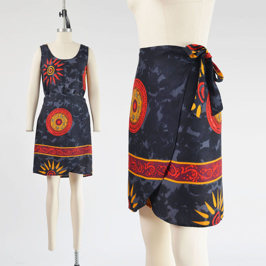 vintage 90s ethnic Thai tank top and wrap around skirt two piece set. 
