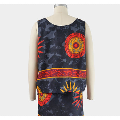 Back of tank top view on vintage 90s ethnic Thai tank top and wrap around skirt two piece set. 