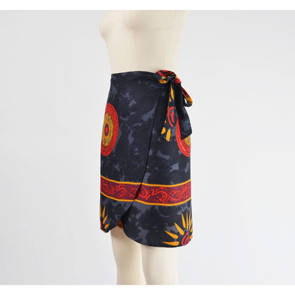 Side view of skirt on vintage 90s ethnic Thai tank top and wrap around skirt two piece set. 