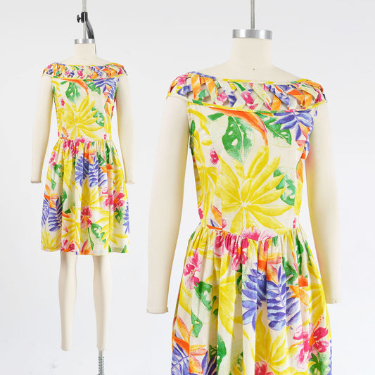 Vintage 1990s tropical floral cotton print dress. 