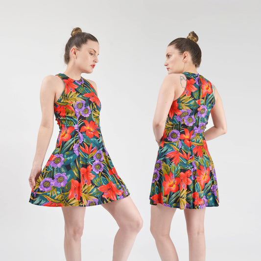 Vintage 90s Hawaiian tropical floral fit and flare mini dress.