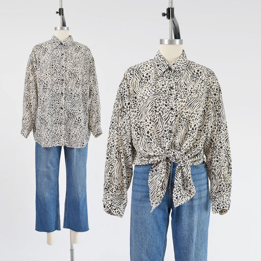 Vintage 1990s black and white leopard animal print button down blouse. 