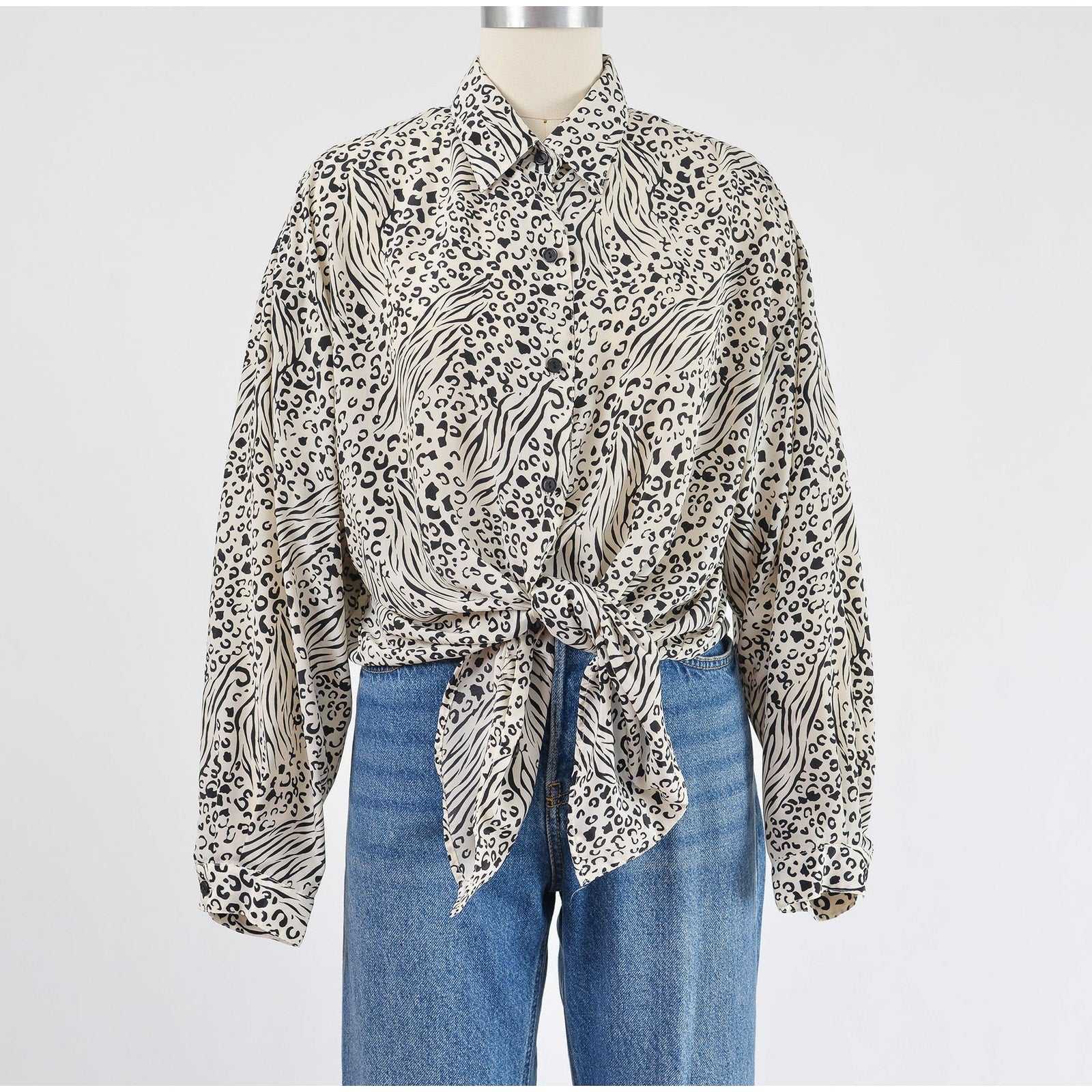 Vintage 1990s black and white leopard animal print button down blouse. 