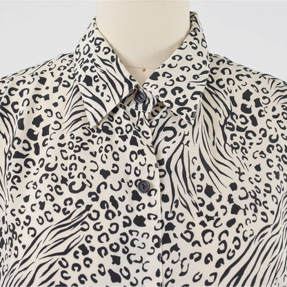 Vintage 1990s black and white leopard animal print button down blouse. 
