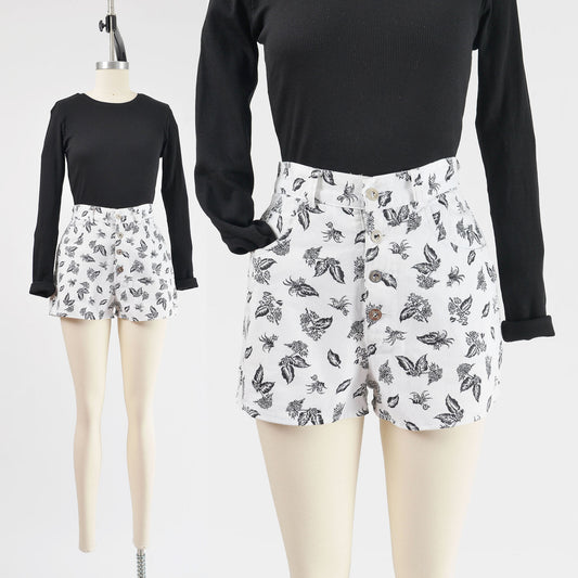 vintage 1990s white and black leaf print jean shorts. 