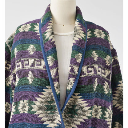 View of collar on woven southwestern jacket. 
