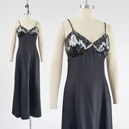 vintage 90s black beaded silver slip max dress.