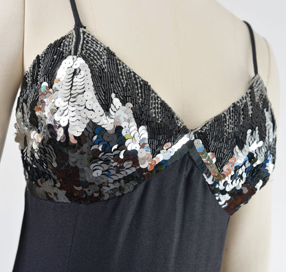 Vintage 90s Black Sequin Beaded Flowy A-line Formal Maxi Dress size M