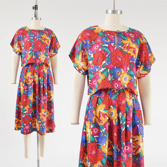 vintage 90s floral crop top and full midi skirt two piece set. 
