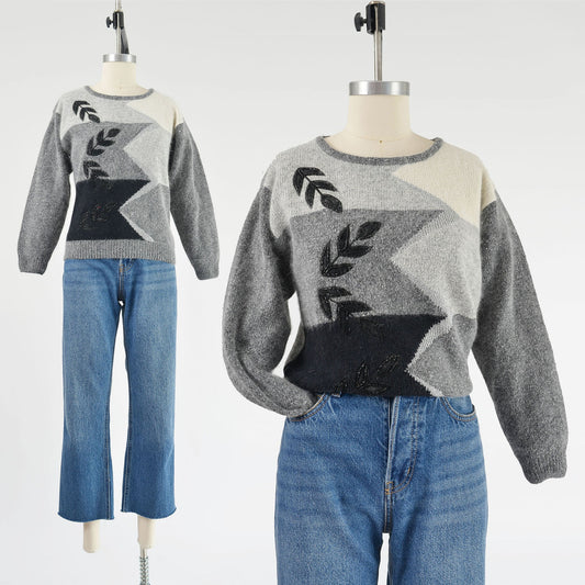 Vintage gray and black color block beaded leaf sweater. Silk, angora, and lambswool knit. 