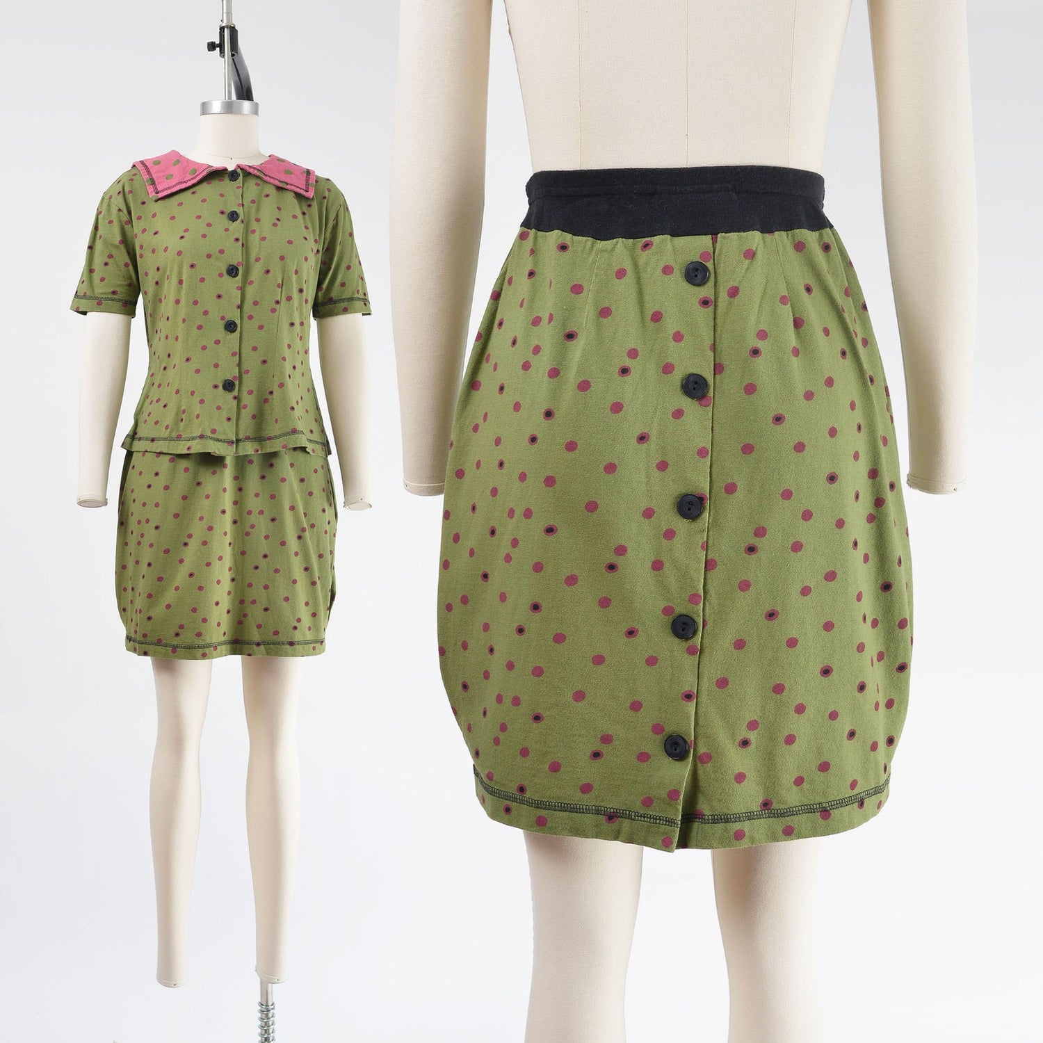 Vintage 1990s green polka dot sailor collar top and pencil skirt set. 
