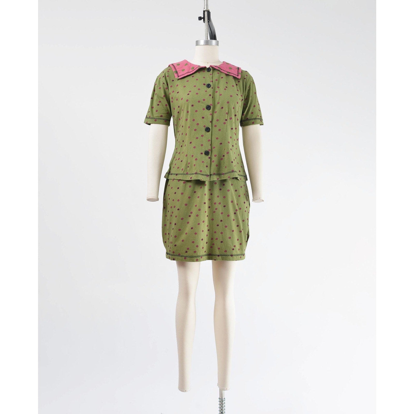 Vintage 1990s green polka dot sailor collar top and pencil skirt set. 