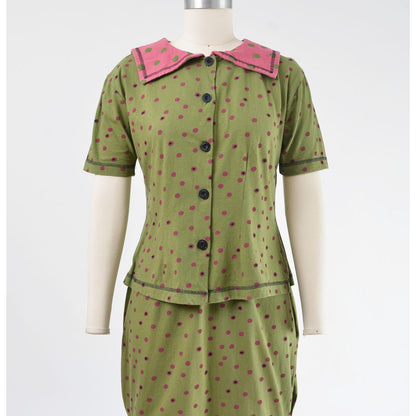 Vintage 1990s green polka dot sailor collar top and pencil skirt set. 