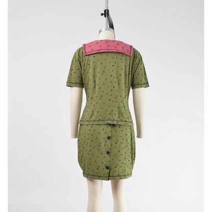 Back view of vintage 1990s green polka dot sailor collar top and pencil skirt set. 