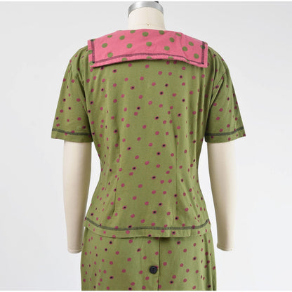 Vintage 1990s green polka dot sailor collar top and pencil skirt set. 