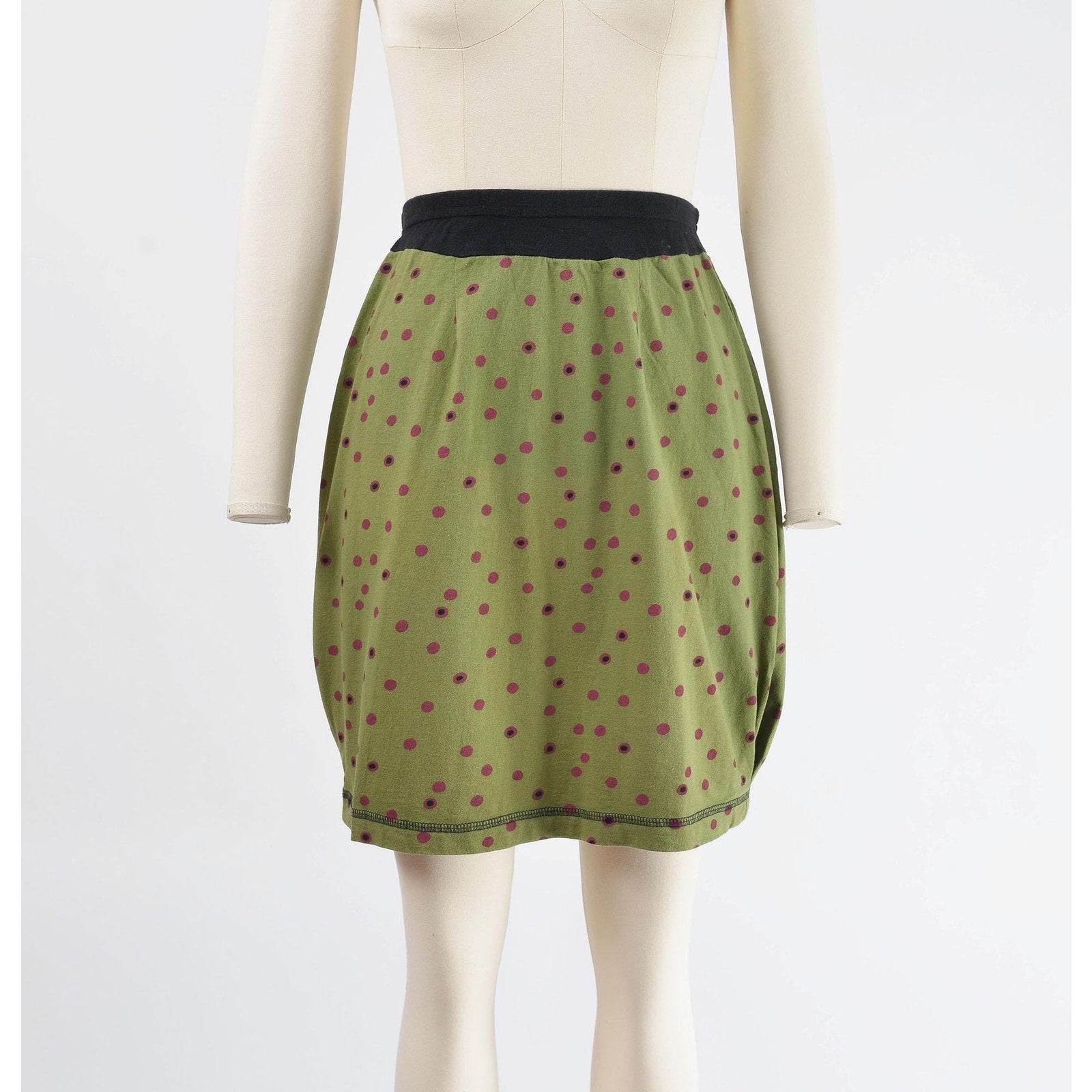 Skirt view of vintage 1990s green polka dot sailor collar top and pencil skirt set. 