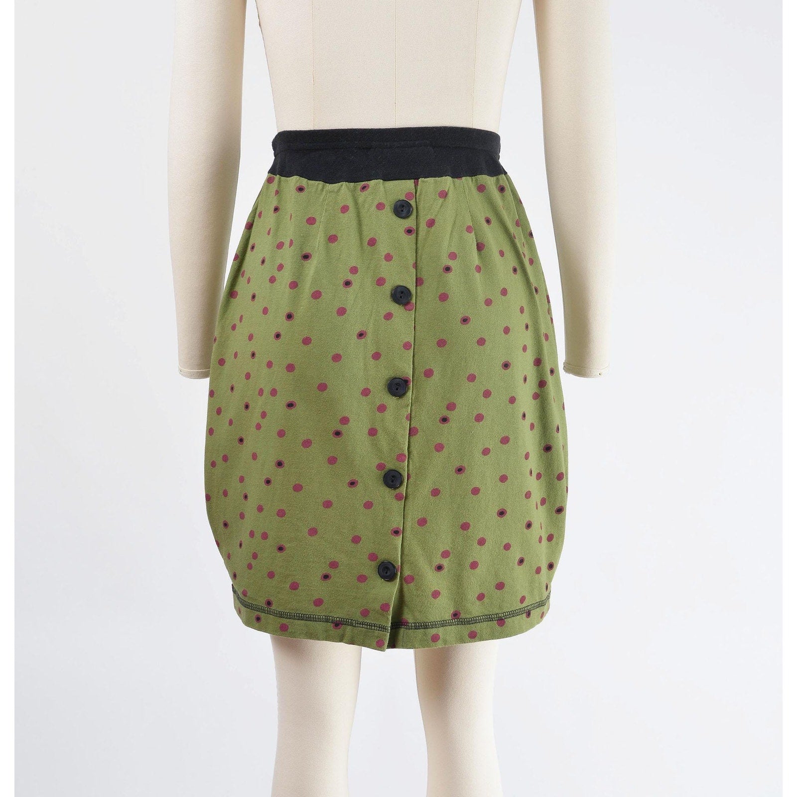 Back of skirt on Vintage 1990s green polka dot sailor collar top and pencil skirt set. 