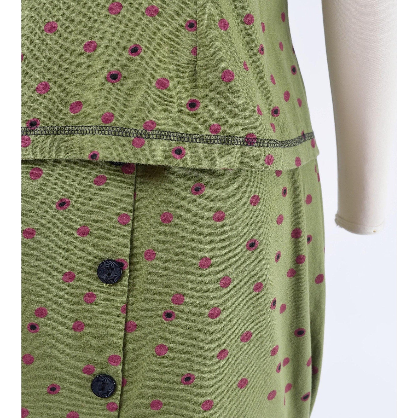 Close up view of Vintage 1990s green polka dot sailor collar top and pencil skirt set. 