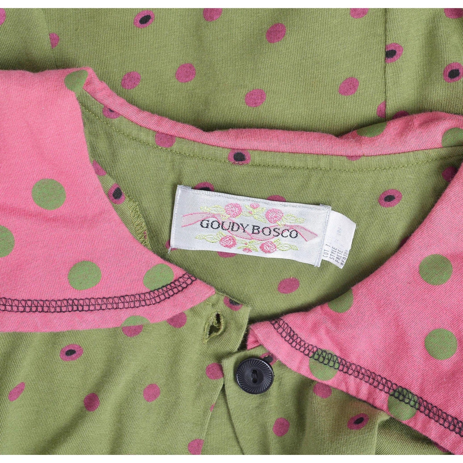 View of label on Vintage 1990s green polka dot sailor collar top and pencil skirt set. 